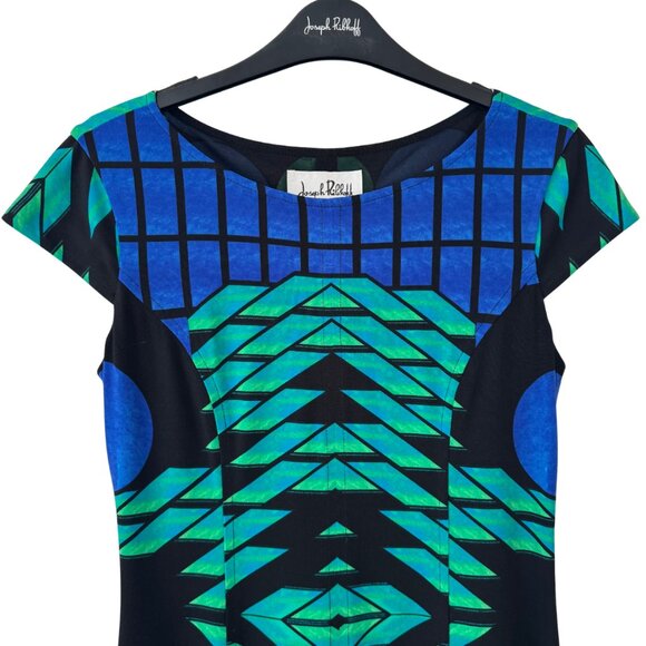 Joseph Ribkoff Abstract Fit & Flare Cap Sleeve Blue Green Black Size 4 - Picture 5 of 7